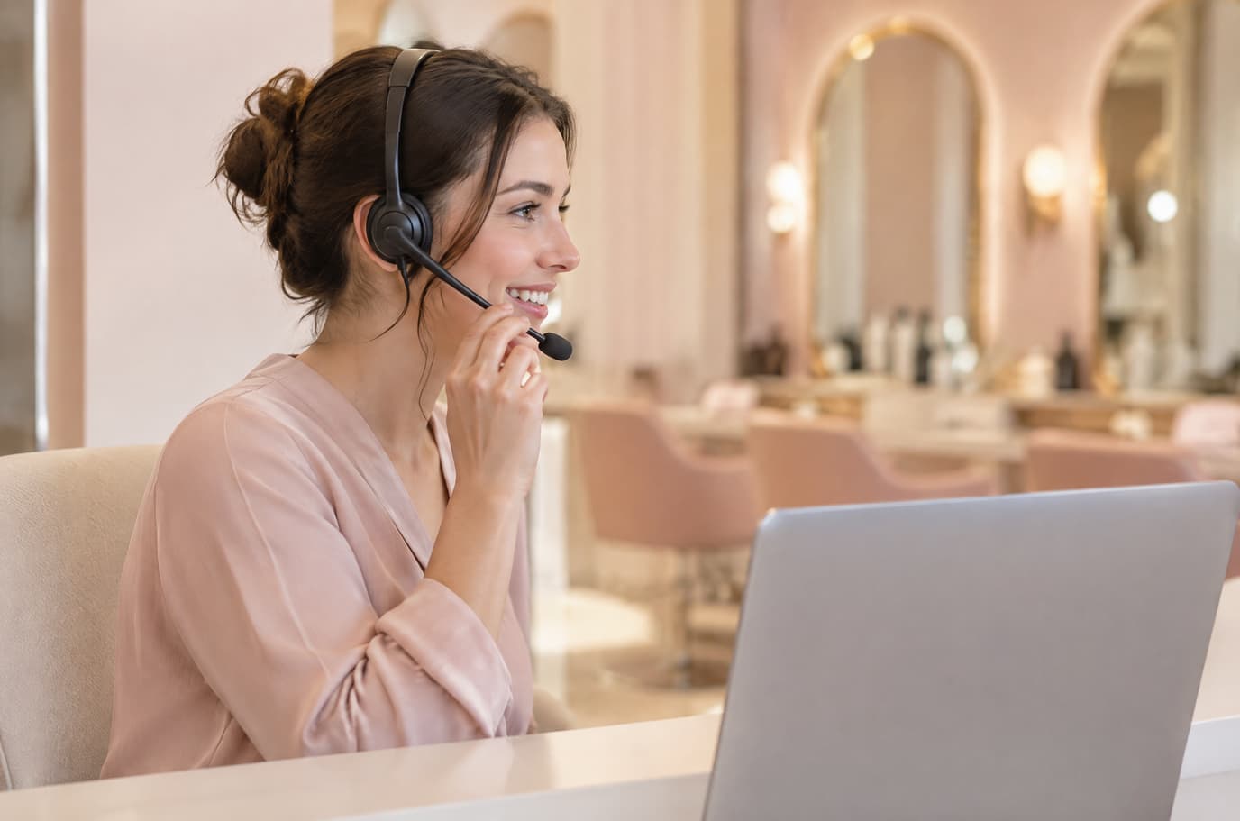 A beauty studio administrator wearing a headset with a microphone answers a call at the front desk