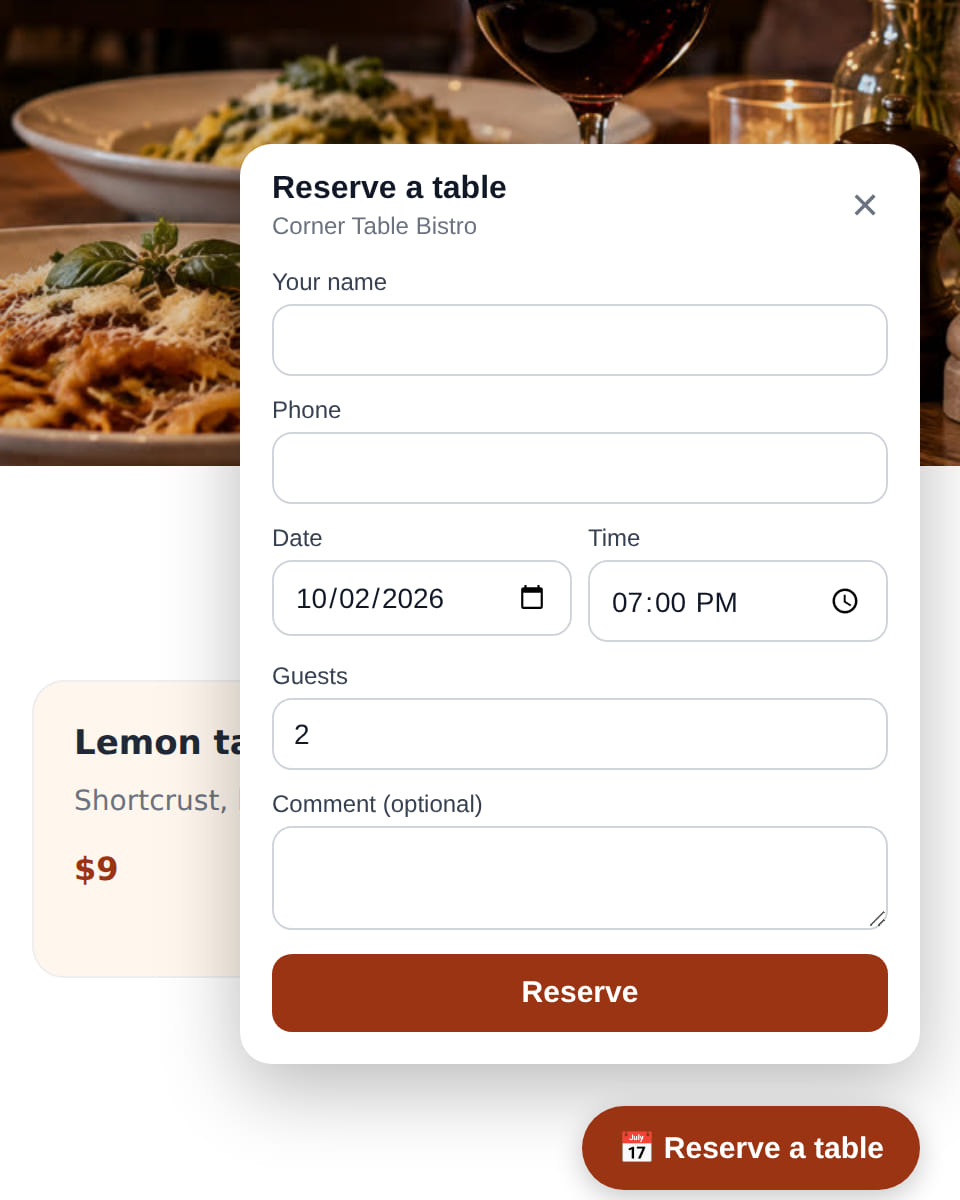 A table booking form over a bistro website: name, phone, date, time, party size and the “Reserve a table” button