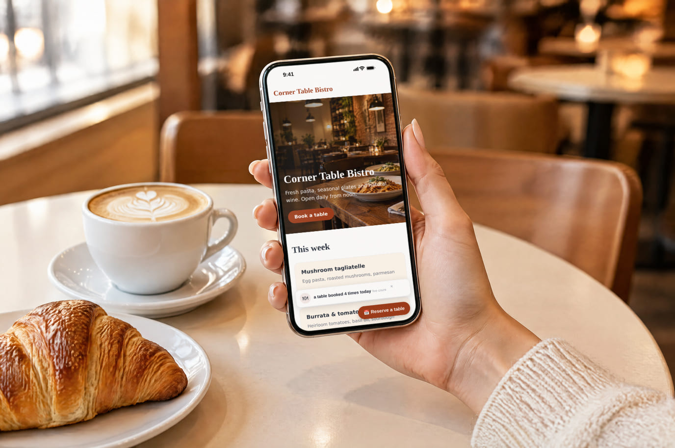 A guest with a cappuccino browses the bistro website on her phone, with today’s bookings card at the bottom of the screen