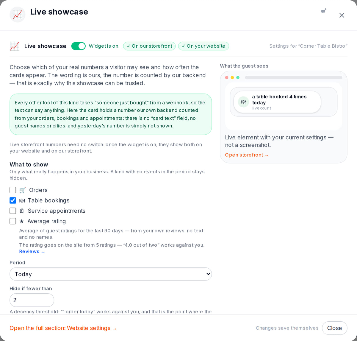 Live showcase settings in the dashboard: what to show (orders, bookings, appointments, rating), the period and the minimum count
