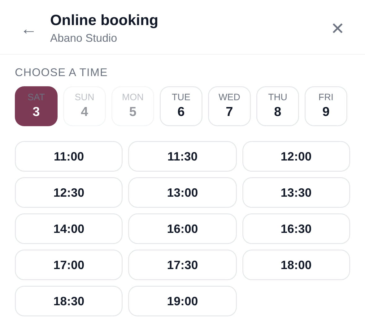 A salon's online booking on a phone: a weekday is picked and 14 free time slots from 11:00 to 19:00 are listed