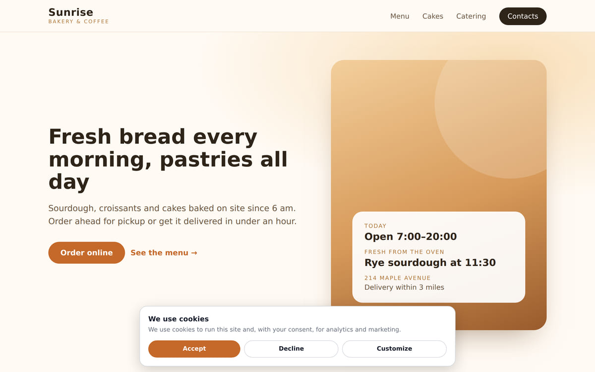 A bakery website with the cookie banner at the bottom: equally sized “Accept”, “Decline” and “Customize” buttons